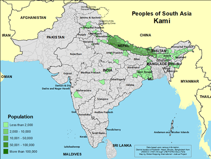 Map showing the population of Kami in South Asia